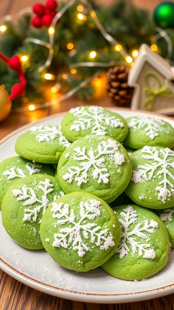 Christmas Green Doodles Recipe A festive plate of green Christmas doodle cookies dusted with powdered sugar, surrounded by holiday decorations.